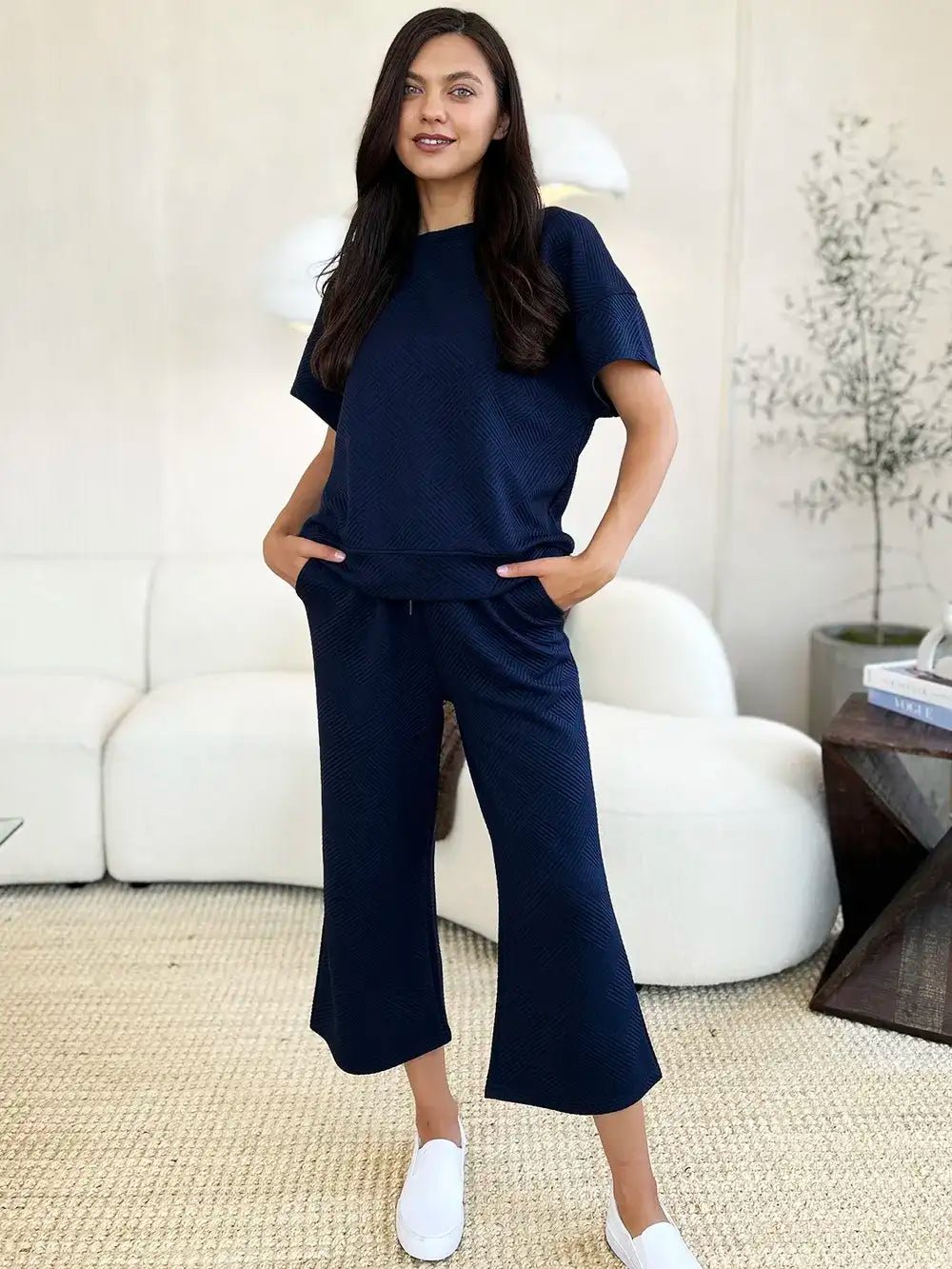 Double Take Full Size Texture Short Sleeve Top and Pants Set - Bela Fils BoutiqueBela Fils Boutique